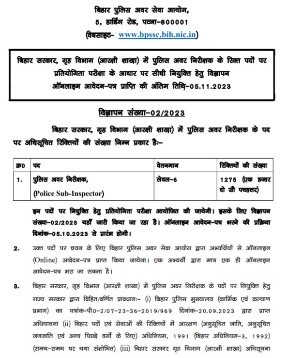 Bihar Police SI Vacancy 2023 Bihar Daroga Recruitment 2023 Apply Online